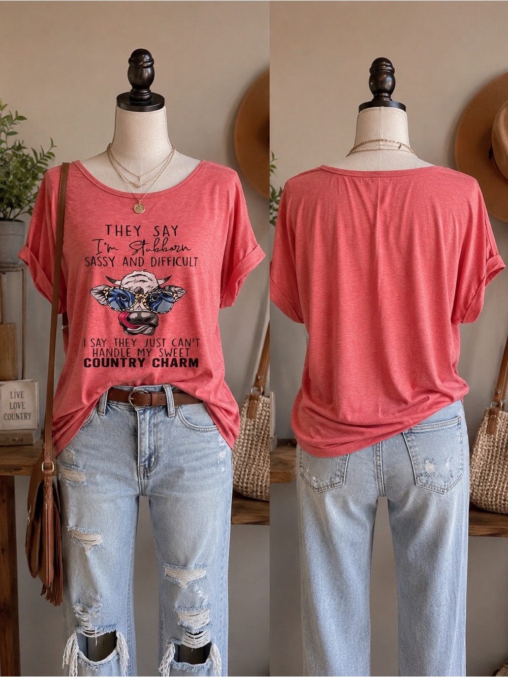 🆕 Western/Cowboy Women's Coral Graphic Tee - Country Charm-XL size